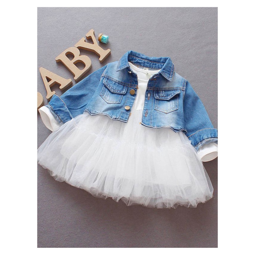 White Blue 2 Piece Dress Denim Jacket Girl Set